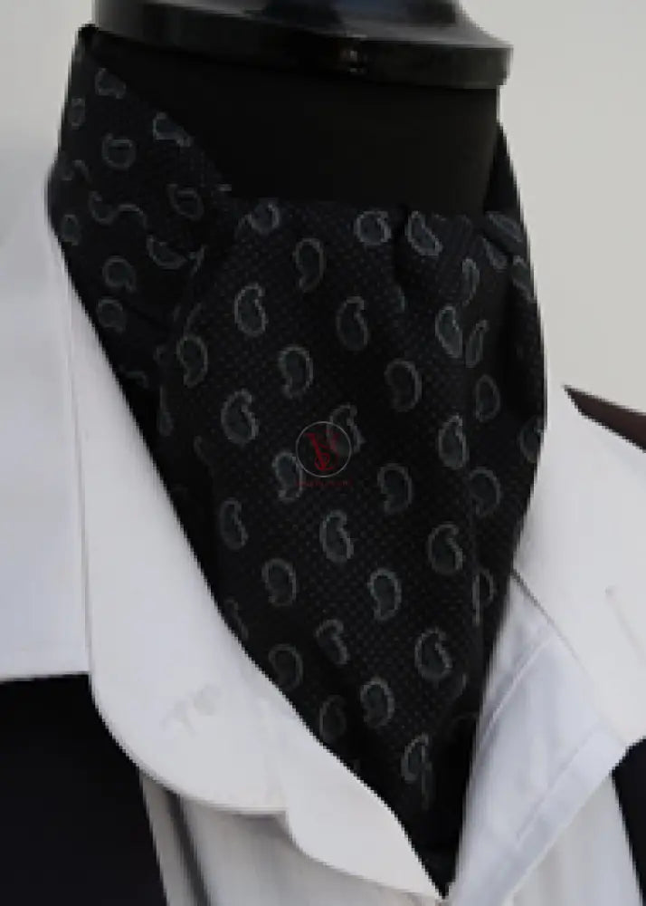 Men’s Black And Grey Paisley Cotton Ascot With Pocket Square